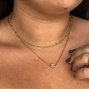 Colar Duplo Coração e Correntinha Coração Rosa Folheado a Ouro 18K