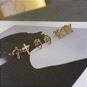 Trio Flor Coração Liso e Cruz