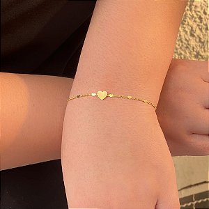 Pulseira Corrente Coração e Coração Liso Folheado a Ouro 18K