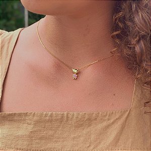 Colar Menina Zircônia Rosa Folheado a Ouro 18K