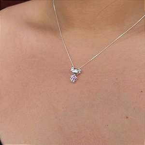 Colar Menina Zircônia Rosa Folheado a Prata 925