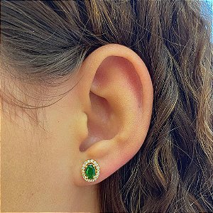 Brinco Oval Verde com Borda Cravejada Folheado a Ouro 18K