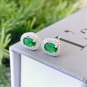 Brinco Oval Verde com Borda Cravejada Folheado a Prata 925