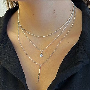 Colar Triplo Bolinhas Coração Zircônia e Palito Folheado a Prata 925