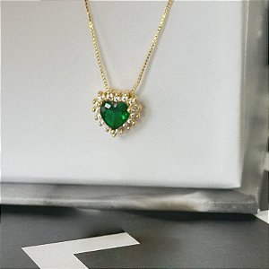 Colar Coração Verde com Borda Cravejada Folheado a Ouro 18k