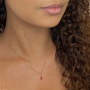 Colar Gota Rosa Zircônia Galeria Folheado a Ouro 18k