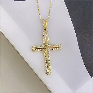 Colar Cruz Cravejada Meio Liso Folheado a Ouro 18K