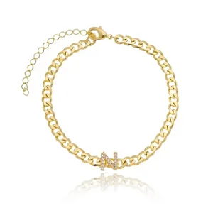 Pulseira Personalizada Groumet Com Letra Cravejado Folheado a Ouro 18K