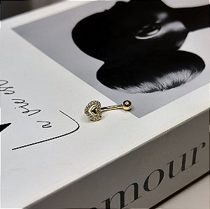 Piercing Umbigo Coração Liso Meio Borda Cravejada Folheado a Ouro 18K