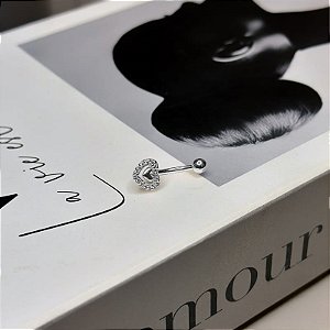 Piercing Umbigo Coração Liso Meio Borda Cravejada Folheado a Prata 925
