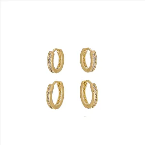 Duo de Argolas Cravejadas Retas Folheado a Ouro 18K
