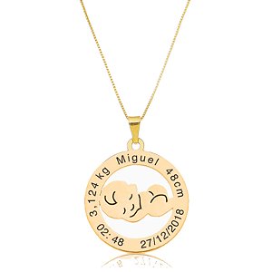 Colar Personalizado Mandala Baby com Dados do Nascimento Folheado a Ouro 18k
