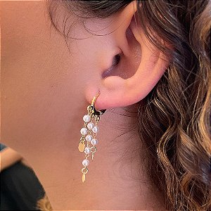 Brinco de Argola 3 Fios Perolas Folheado a Ouro 18k
