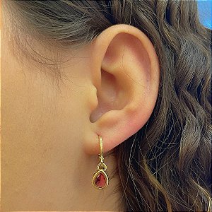Brinco de Argola com Pingente Gota Zircônia Rosa Borda Folheado a Ouro 18k