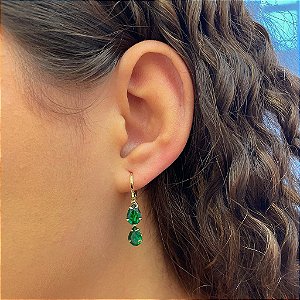 Brinco de Argola Duplo Gotas Verdes Folheado a Ouro 18k