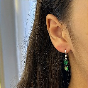 Brinco de Argola Duplo Gotas Verdes Folheado a Prata 925