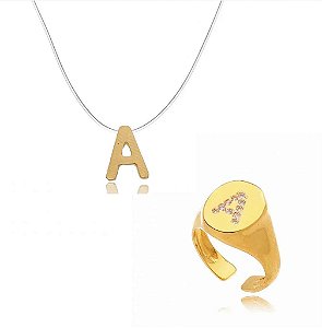 Conjunto Anel Regulável + Colar De Nylon Folheado a Ouro 18K