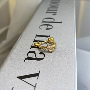 Piercing 2 em 1 Meia Argola Corações Lisos e Cravejados Folheado a Ouro 18k