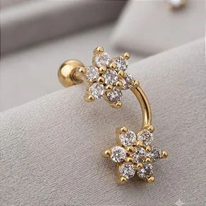 Piercing Cluster Duas Flores Cravejadas Folheado a Ouro 18k