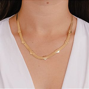 Colar Herringbone Corações Lisos Folheado a Ouro 18k