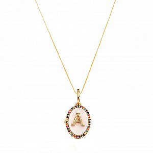 Colar Longo Letra Relicario Rainbow Folheado a Ouro 18K
