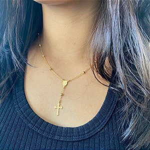 Colar Terço e Bolinhas Folheado a Ouro 18k