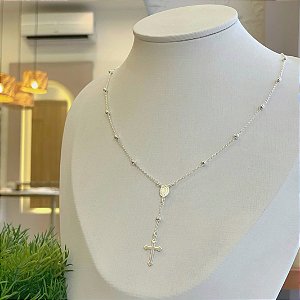 Colar Terço e Bolinhas Folheado a Prata 925