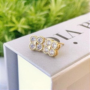 Brinco de Trevo com Zirconias Cristais Folheado a ouro 18K