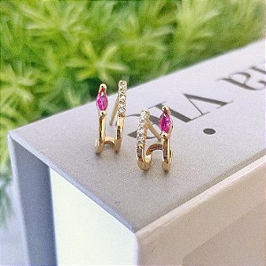 Brinco Earcuff Fio Cravejado e Fio Liso com Gota Vermelha Folheado a ouro 18K