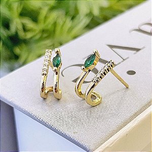 Brinco Earcuff Fio Cravejado e Fio Liso com Gota Verde Folheado a ouro 18K