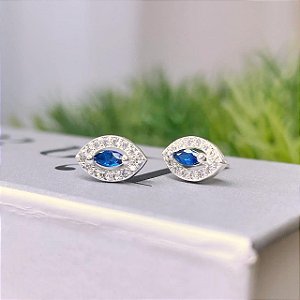 Brinco Navete Azul com Borda Cravejada Folheado a prata 925