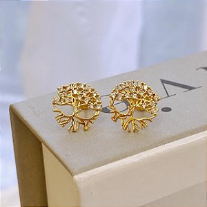 Brinco Árvore da Vida Cravejado com Raizes Lisas Folheado a ouro 18K