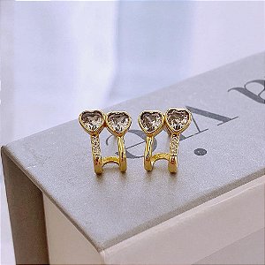 Brinco Earjacket Fio Liso e Fio Cravejado e Dois Corações Cristal Folheado a ouro 18K