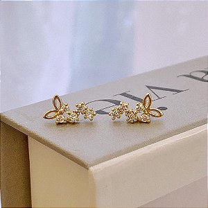 Brinco de Borboleta e Rastro Cravejado Folheado a ouro 18K