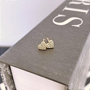Brinco de Coração Pavê Cravejado Cristal Pequeno Folheado a ouro 18K