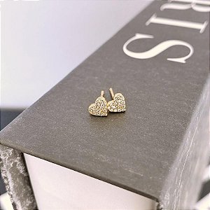 Brinco de Coração Pavê Cravejado Cristal Pequeno Folheado a ouro 18K