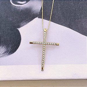 Colar de Cruz Cravejada Ponteiras Lisas Folheado a ouro 18K