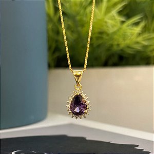 Colar Gota Zirconia Lilás e Borda Cravejada com Zirconias Cristal Folheado a Ouro 18k