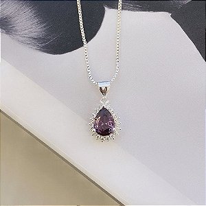 Colar Gota Zirconia Lilás e Borda Cravejada com Zirconias Cristal Folheado a Prata 925