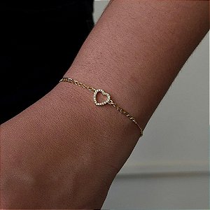 Pulseira Corrente Grumet com Coração Cravejado Vazado Folheado a ouro 18K