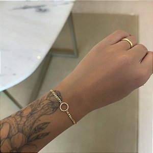 Pulseira Corrente Grumet com Circulo Cravejado Vazado Folheado a ouro 18K