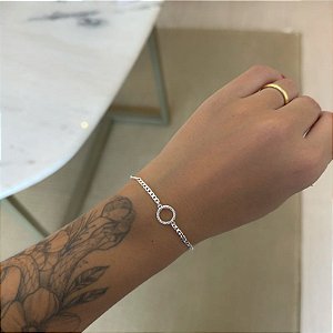 Pulseira Corrente Grumet com Circulo Cravejado Vazado Folheado a prata 925