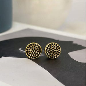 Brinco Chuveiro Cravejado Zirconias Negras com Trabalho Lateral Folheado a Ouro 18k