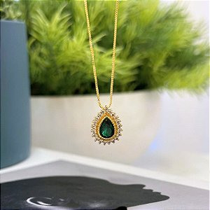 Colar Gota Zirconia Verde Borda Cristal Folheado a Ouro 18k