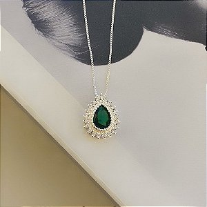 Colar Gota Zirconia Verde Borda Cristal Folheado a Prata 925