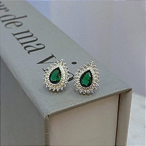 Brinco Gota Zirconia Verde Borda Cristal Folheado a Prata 925