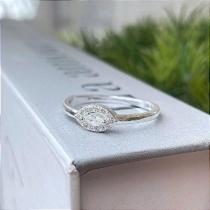 Anel Navete Cristal com a Borda Cravejada Folheado a prata 925