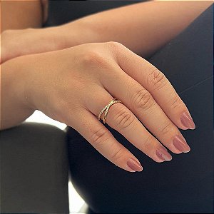 Anel Fio Liso e Fio Cravejado Cruzado em X Folheado a ouro 18K
