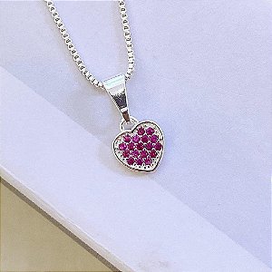 Colar Coração Pavê Cravejado Vermelho Folheado a prata 925