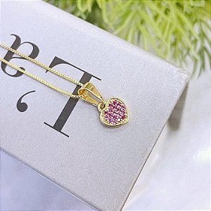 Colar Coração Pavê Cravejado Vermelho Folheado a ouro 18K